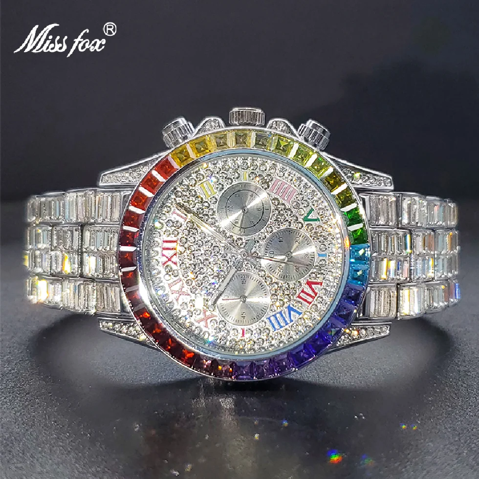 

Luxury Men's Watch With Raninbow Diamond Baguette Watches For Male Three Dial Multifunctional Wristwatches Look Like Expensive