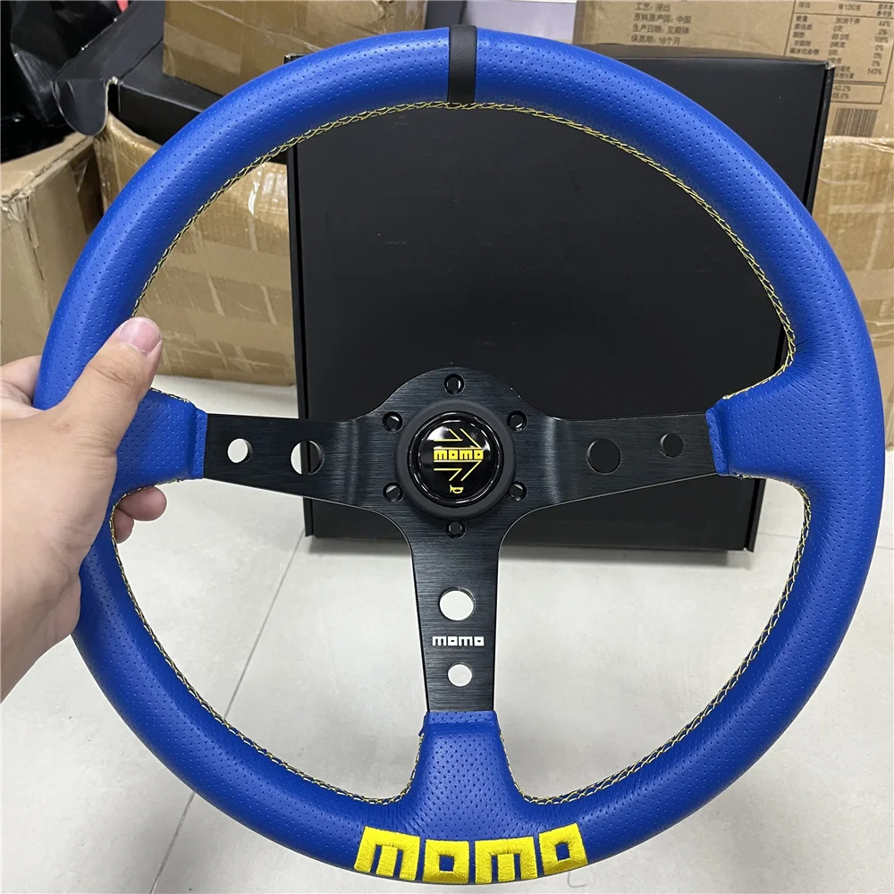

14 дюймов/350 мм вогнутость для MOMO новейший стиль Синий Натуральная кожа гоночный Спорт Руль автомобиль Дрифт соревнование