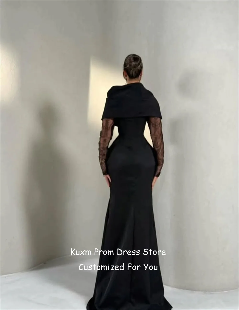 Фото Вечерние платья Kuxm Fashion из атласа, фасон «русалка», с длинными рукавами, кружевные, без бретелек, для выпускного вечера, с рукавами-крылышками, в пол, для вечеринок, на заказ №2