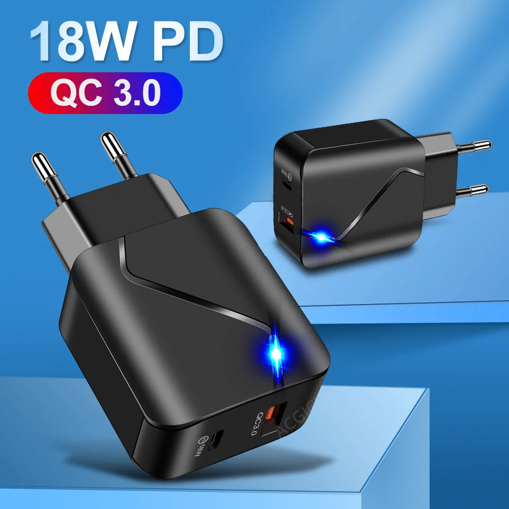 

18W USB PD Charger Mobile Phones Chargers Fast Charging QC 3.0 for iPhone 12 Pro Max Samsung Xiaomi 12 11 EU US Travel Adapter