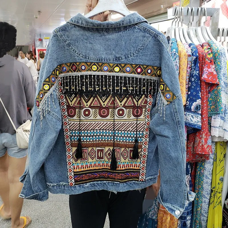 

Harajuku Vintage Embroidery Beaded Tassels Short Denim Jacket Spring New Women Casual Lapel Long Sleeve Jeans Jacket Basic Coat