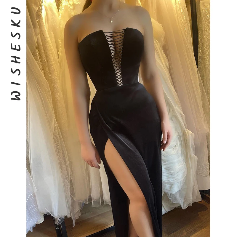 

Женское платье с открытой спиной, без бретелек, с высоким разрезом