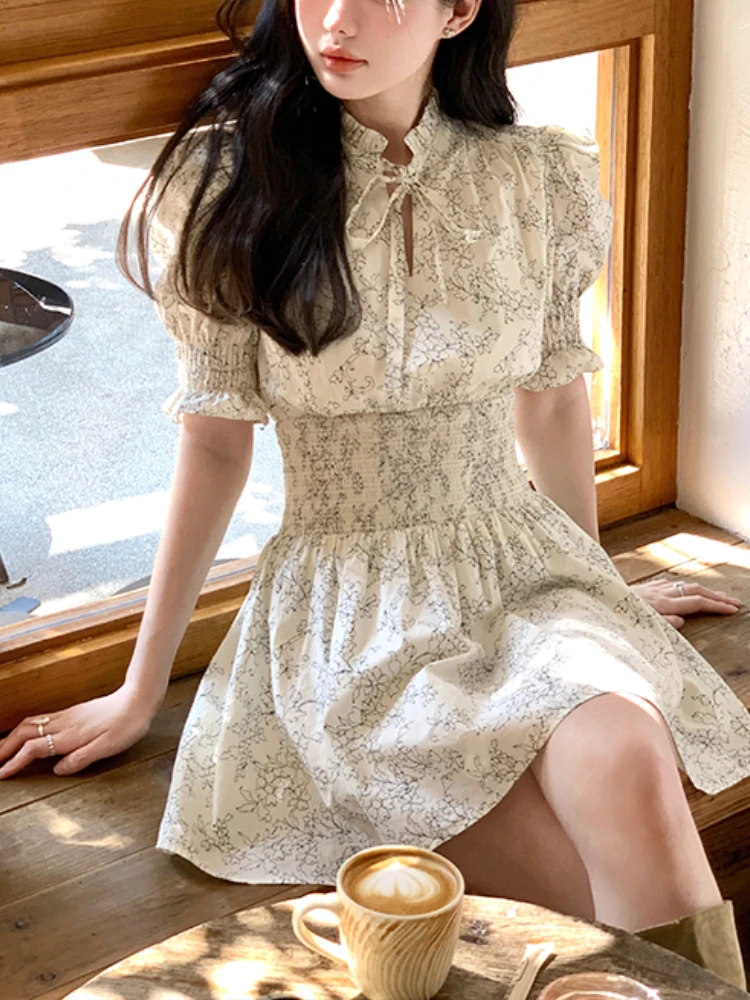 

Милое мини-платье с отделкой Y2k, женское летнее платье с коротким рукавом, винтажное Цветочное платье, Пляжное цельное платье, корейская мода, шикарное