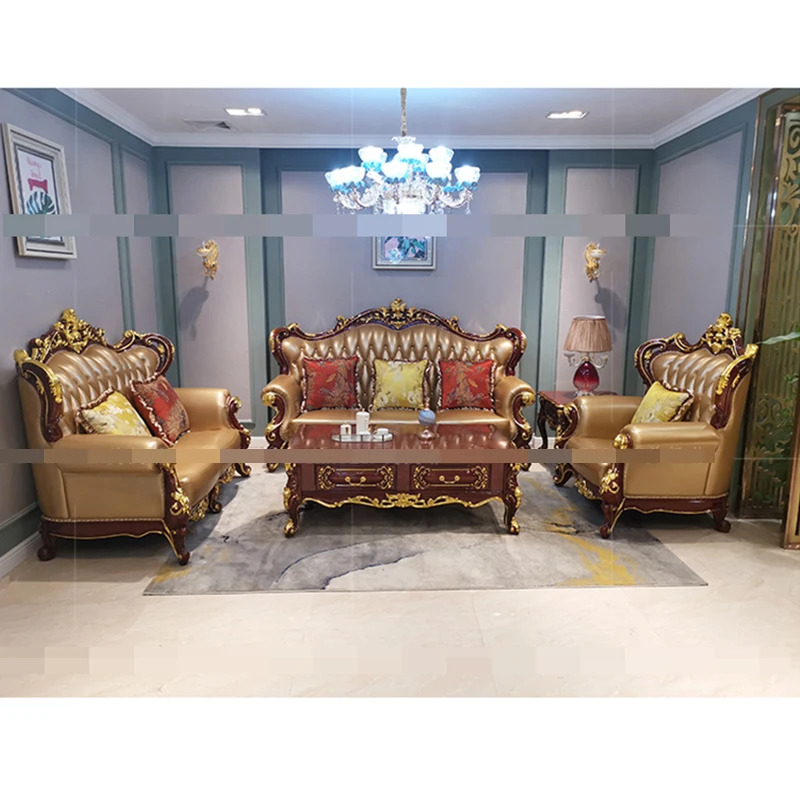 

European Leather Sofa Combination Living Room Red Sandalwood Color Gold Foil Imported First Layer Cowhide Home Furniture