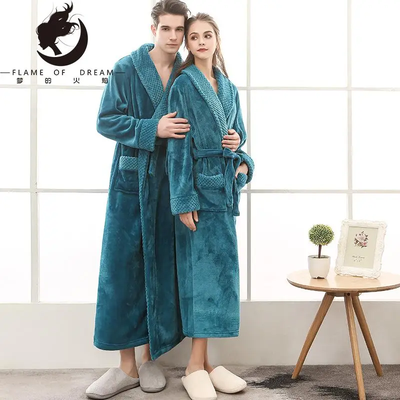 

Flame of dream Stitching Flannel Couples Nightgown Lengthened Padded Large Size Bathrobe Nightgown Autumn And Winter 2166