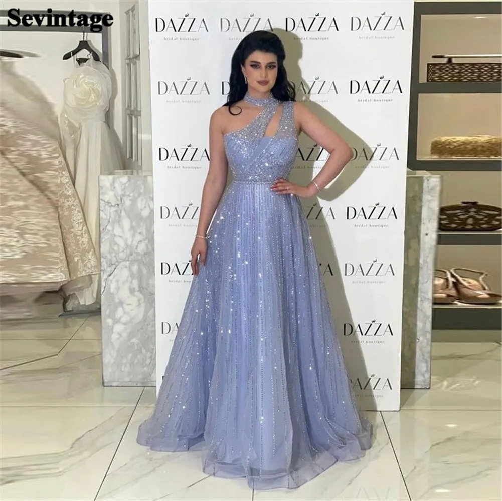 

Sevintage Dignified Sky Blue Saudi Arabic Prom Gowns Shiny One Shoulder Halter Backless Women Gowns Outfits فساتين مناسبة رسمية
