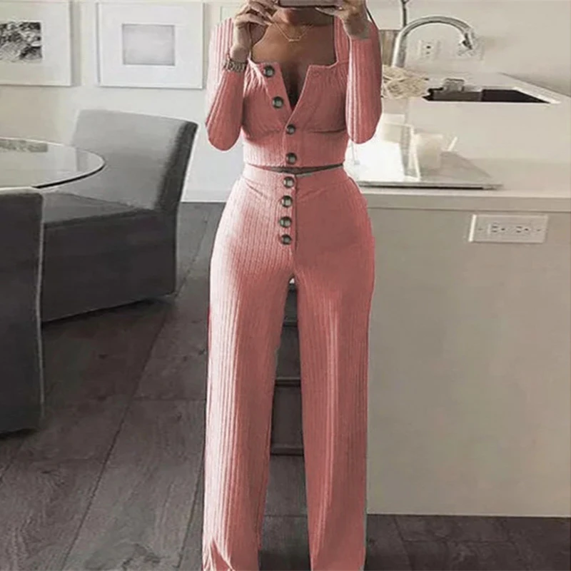 Round Neck Casual Birthday Outfits Women's Suit Button Fashion Elegant Long Sleeve Street Wear Woman Tracksuit Two Piece Set New