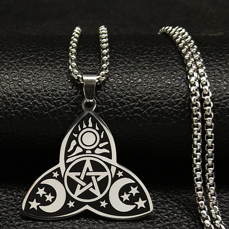 

Wicca Sun Triple Moon Goddess Stainless Steel Chain Necklace Witch Divination Witchcraft Necklaces Jewellery collier femme N731