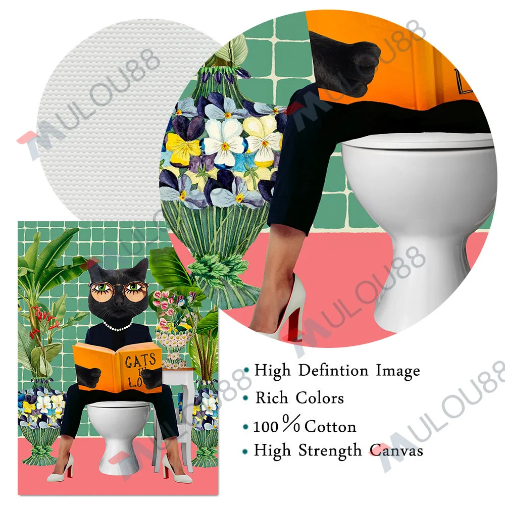 Настенный холст с изображением черной кошки и Тигра для ванной комнаты Забавный