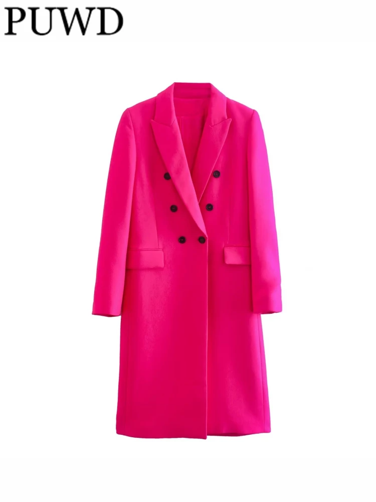 

PUWD Women Fashion Pink Double Breasted Woolen Trench Coat Vintage Long Sleeve Flap Pockets Female Outerwear Chic Overcoat