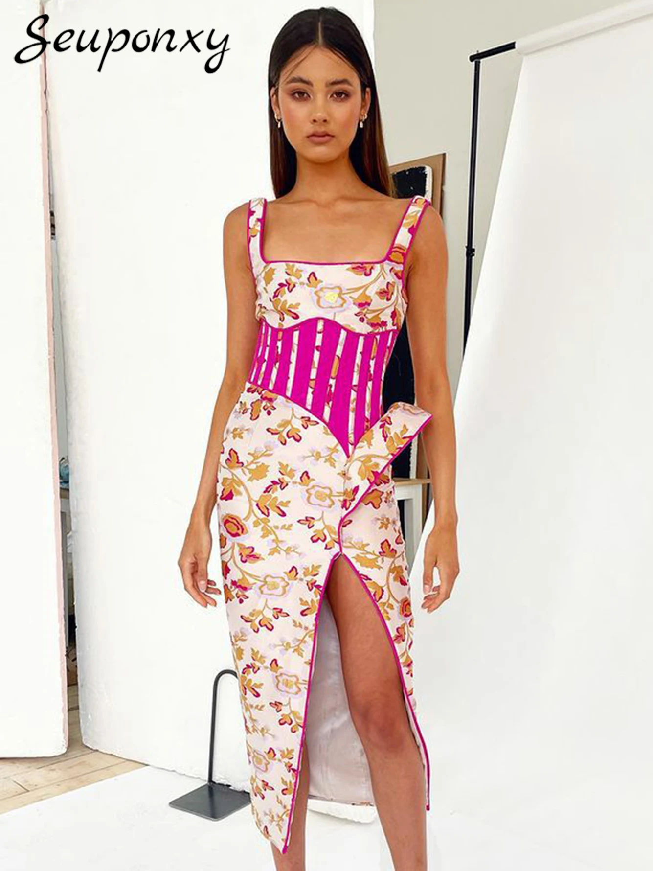 High Quality Women Summer Fashion Sexy Spaghetti Strap Drape Split Flower Print Bodycon Dress 2022 Elegant Evening Party Dress