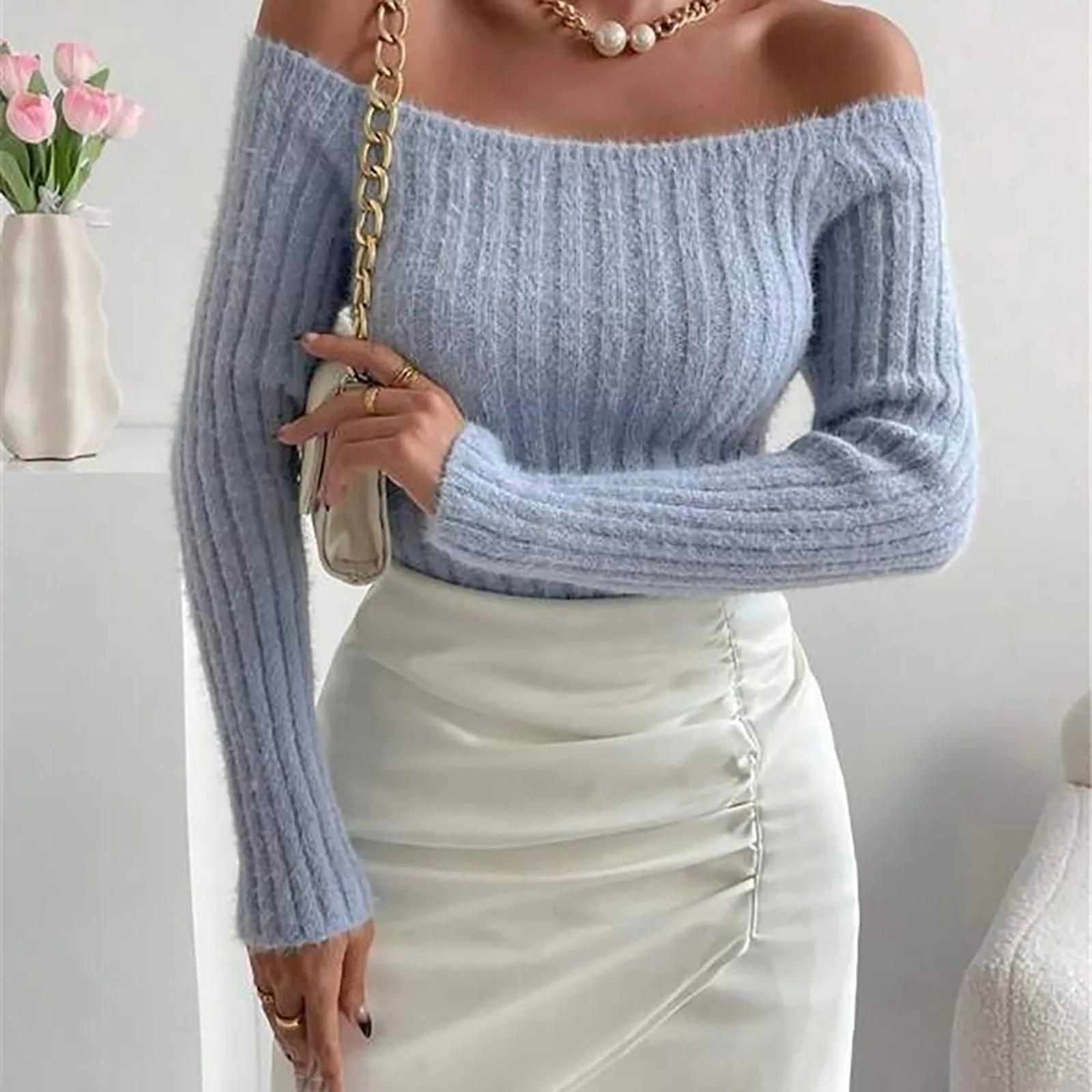 Женский свитер с открытыми плечами свободный шерстяной длинный пуловер большого