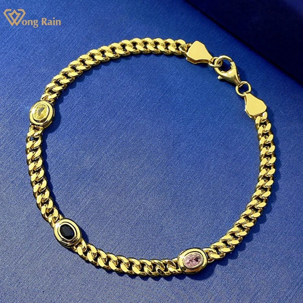 

Wong Rain 18K Gold Plated 925 Sterling Silver Oval Lab Sapphire Gemstone Cuban Chain Bracelets Bangle Wedding Jewelry Wholesale
