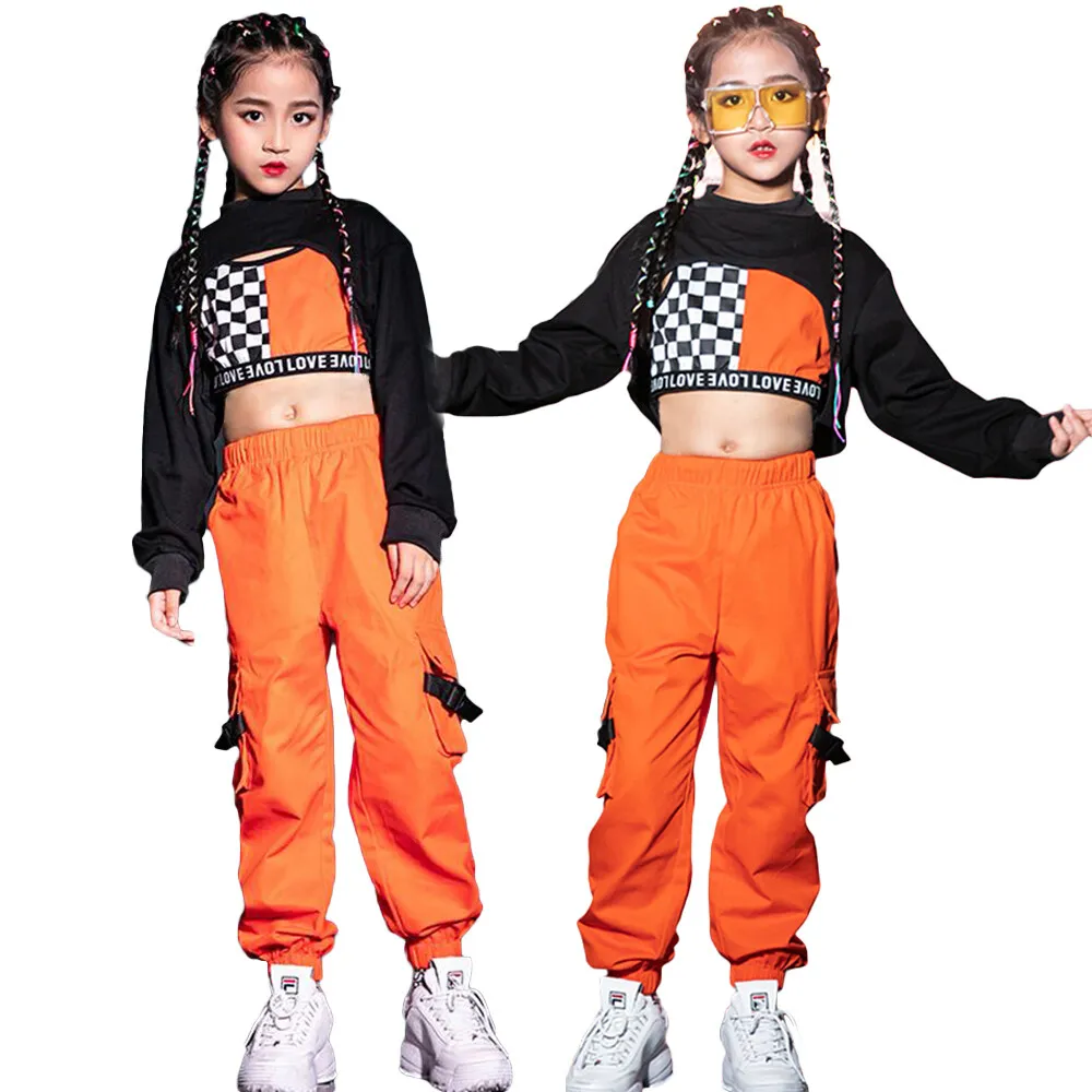 

2023 New Girls Hip Hop Clothing Street Wear Korean Black Crop Top Orange Jogger Pants Vest Outfit Children Performance Costumes