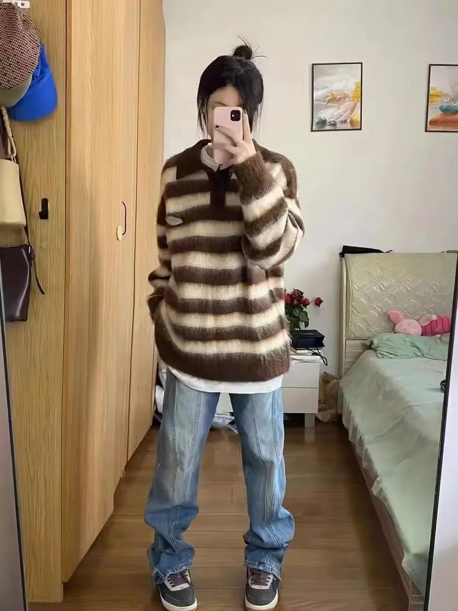 Пуловеры с длинными рукавами женские полосатые дизайны осень-зима новые теплые