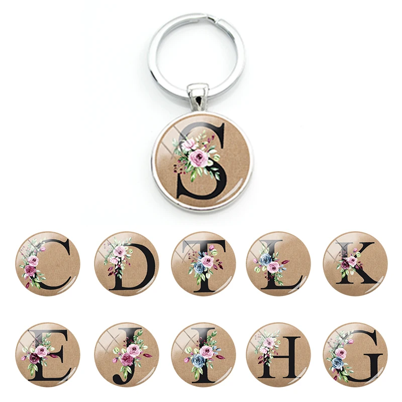 

TAFREE English Alphabets Glass Cabochon Pendant Keychains Round Dome Key Rings for Decoration Boys Girls Special Offer FHW281