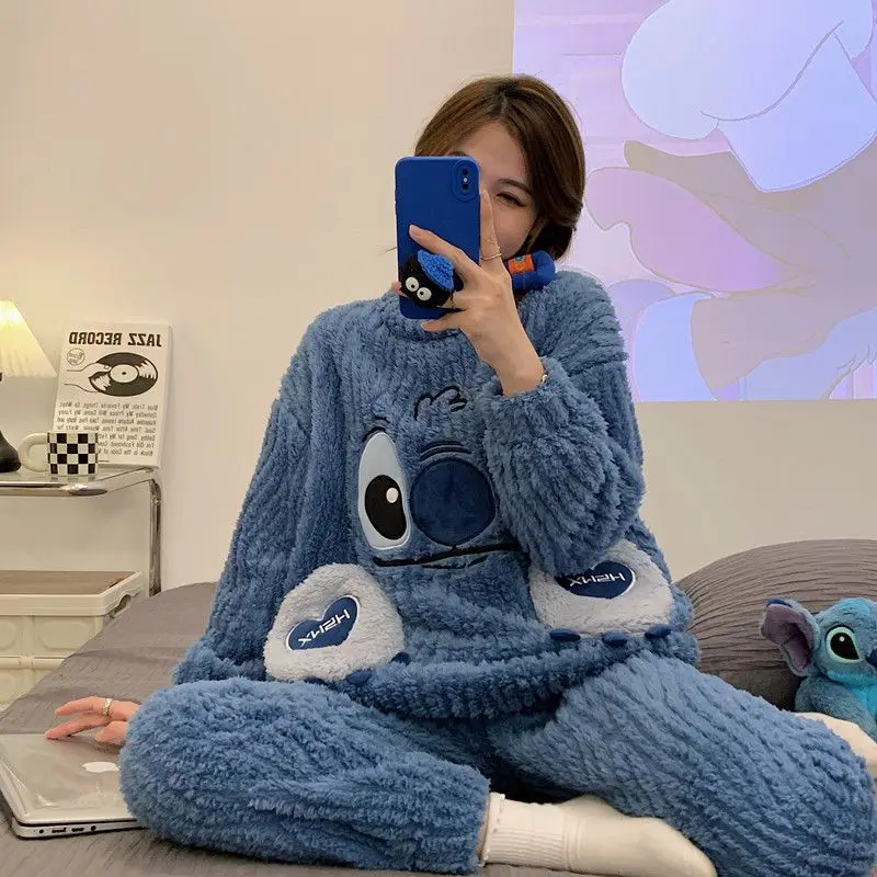 

Kawaii Disney Anime Hobby Stitch Coral Fleece Pajamas Women's Autumn and Winter Padded Thickened Home Furnishing Facecloth Suit