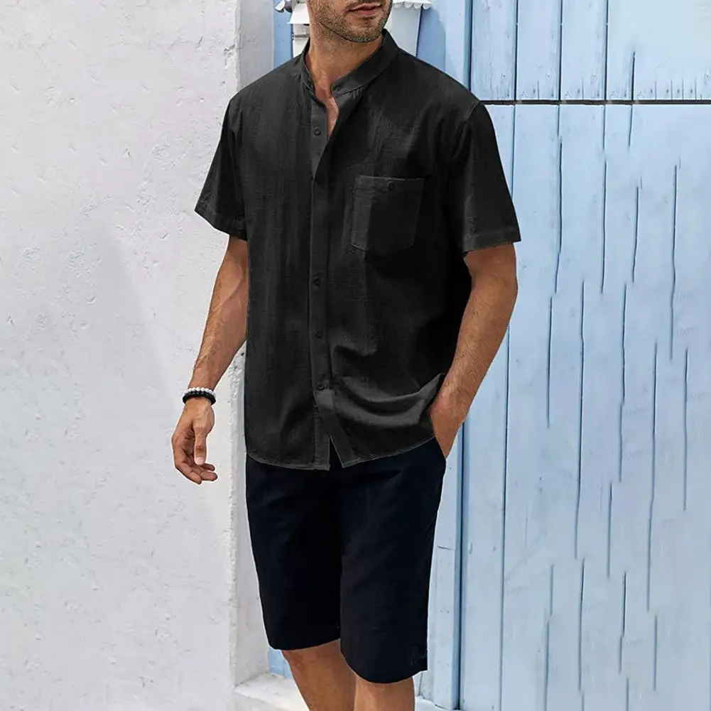 

Мужская рубашка с нагрудным карманом, повседневная Летняя мужская рубашка в стиле ретро, с воротником-стойкой и короткими рукавами, классический стиль