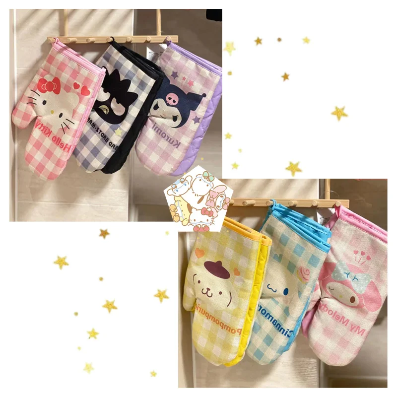 

Милые Мультяшные клетчатые серии My Melody Kuromi Cinnamoroll Purin Dog изоляционные перчатки для печи микроволновки уплотненные перчатки с защитой от ожог...