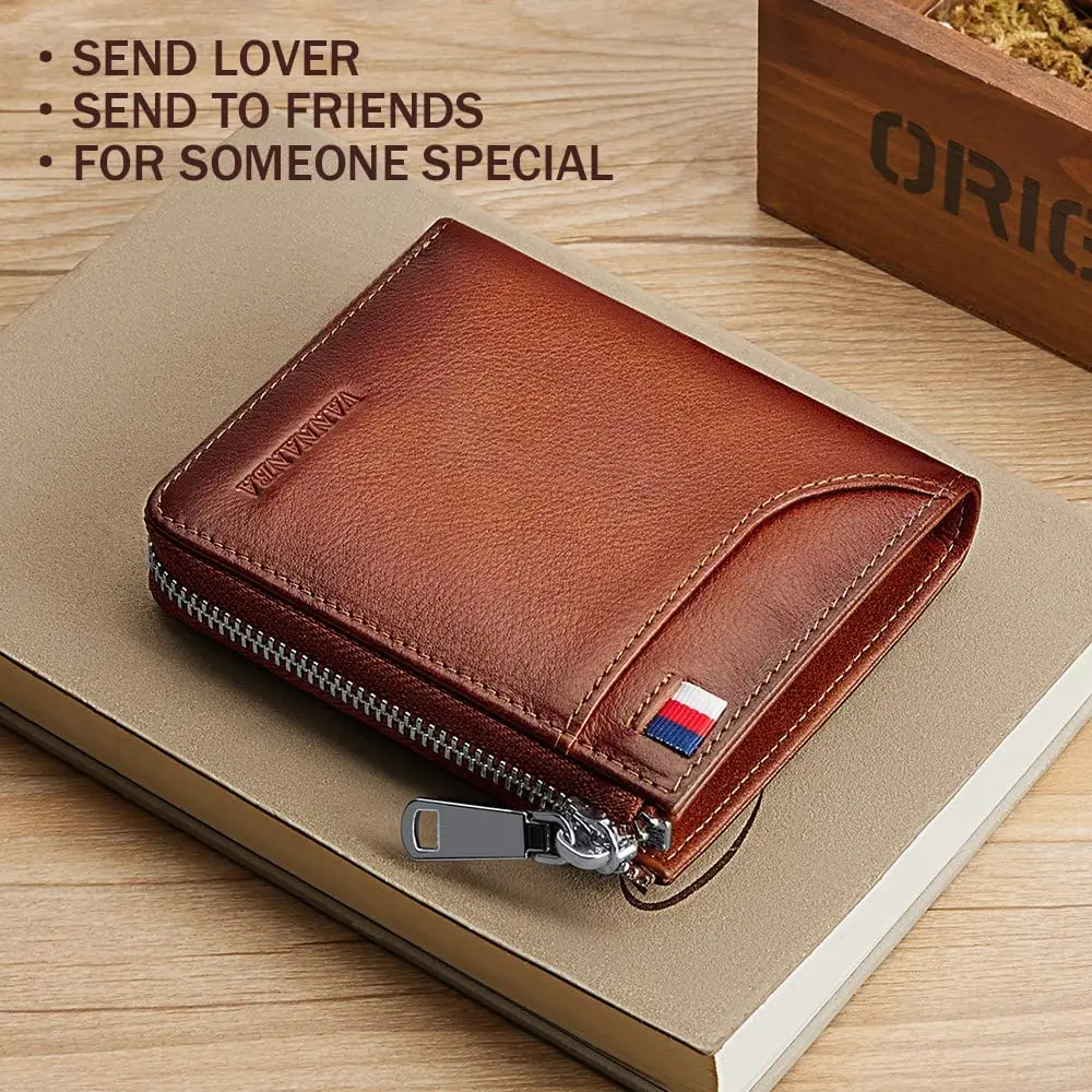 VANNANBA Mens Genuine Leather Zipper Wallet RFID Blocking Bifold Zip Around Wallets Multi Credit Card Holder with Coin Pocket