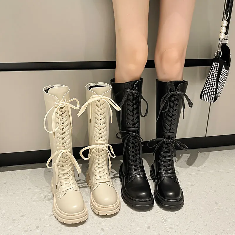 

Женские сапоги с молнией на среднем каблуке, Дизайнерские Сапоги выше колена на платформе, с круглым носком, осень 2022