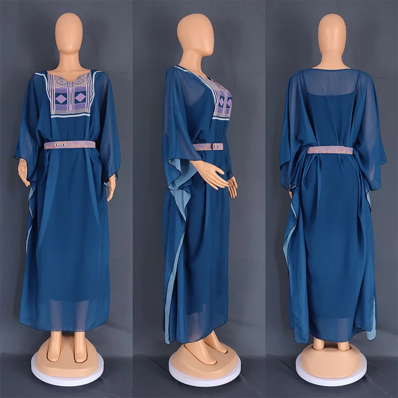 Two Piece Set African Dresses for Women Fall African Women Bat Sleeve V-neck Chiffon Long Dress African Print Dresses With Belt