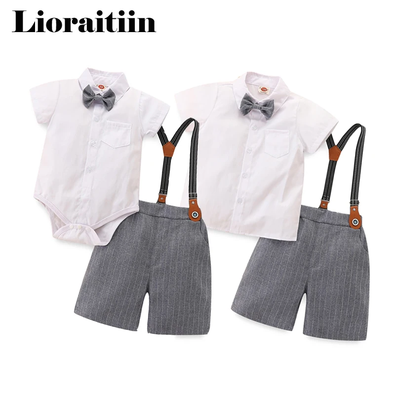 

2022-11-29 Lioraitiin 0-5Years Toddler Baby Boy 2Pcs Formal Clothing Set Short Sleeve Turn-Down Colllar Shirt Striped Shorts