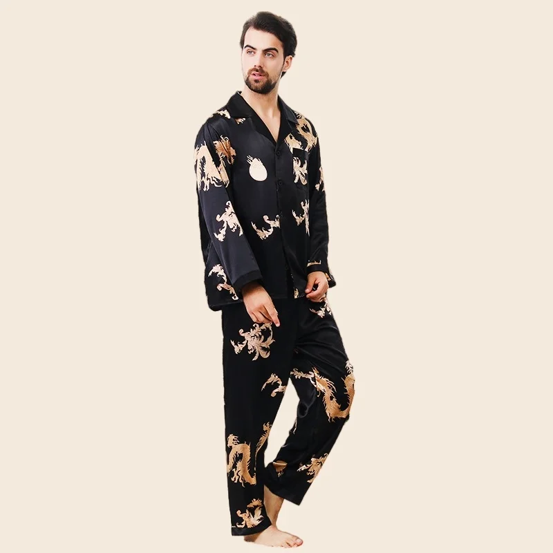 Men's Pajamas Set Summer Full Sleeve T-shirt Long Pants 2Piece/Set Sexy Dragon Print Rayon Pyjama Man Homewear Cozy PJS Big Size