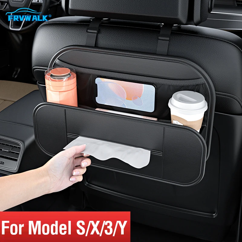 

PU Leather Car Seat Back Storage Bag With Water Cup Phone Pockets Organizer Storage Bag Car Accessories for Tesla Model 3/Y/S/X