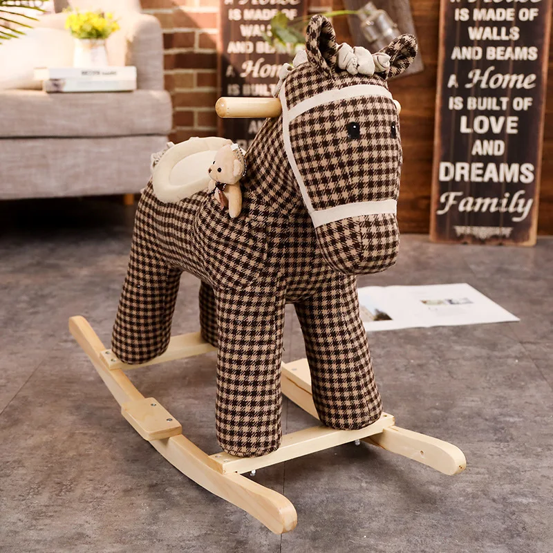 2 In 1 Children's Wooden Plaid Rocking Horse Stroller Music Balance Chair with Wheels Baby Toy Baby Birthday Gift