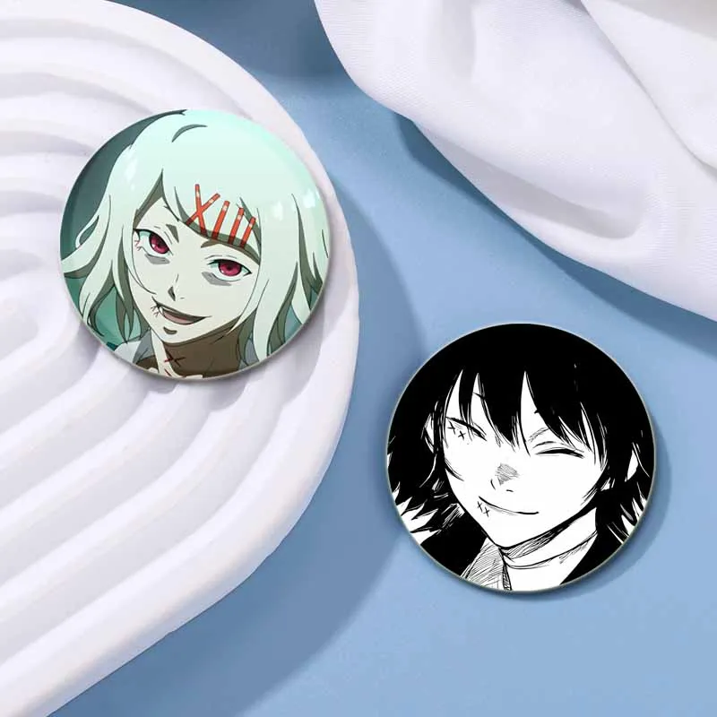 Фото Anime Figures Ken Kaneki/Touka Kirishima/Rize Kamishiro Badge Tinplate Pins Handmade Brooches for Backpack Clothes Decoration №3