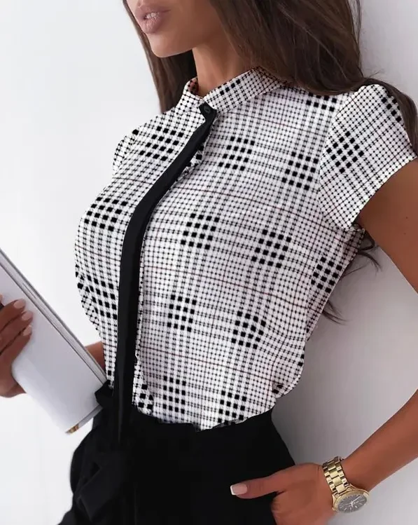 

Summer Women Fashion New Plaid Print Short Sleeve Shirt with Tie