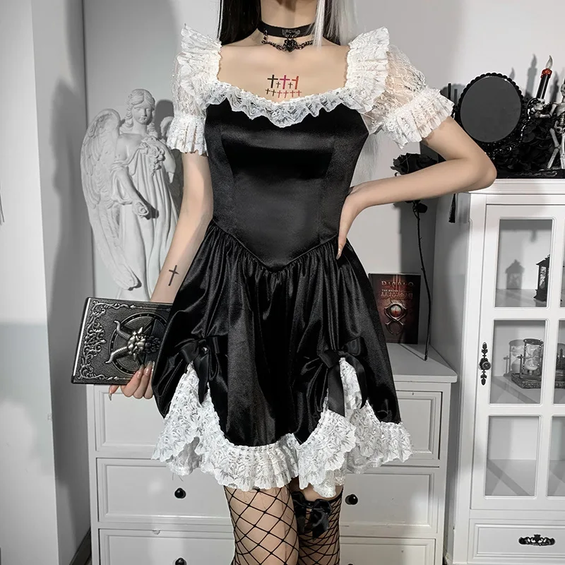 

Dark Girls Lace Short Dress American Women 2022 Lace Stitching Puff Sleeve High Waist A-line Maid Skirt Dress SXHLYQ474