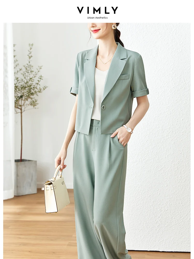 Vimly Light Green Short Blazers Suit Pant Sets for Women 2023 Summer Outfits Office Wear Straight Full Length Pant Two Piece Set