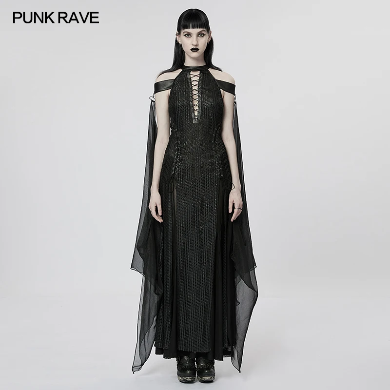 

Женское готическое платье PUNKRAVE, Сетчатое и шифоновое платье со съемной накидкой, сексуальные длинные платья феи и королевы на Хэллоуин