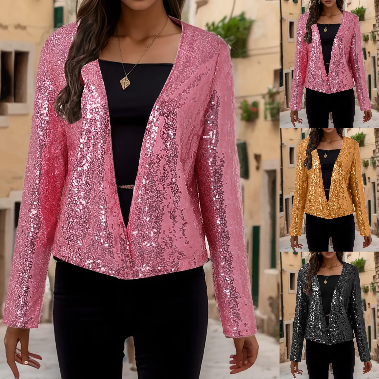 Женская мода с v-образным вырезом и стойкой куртка блестками короткий кардиган