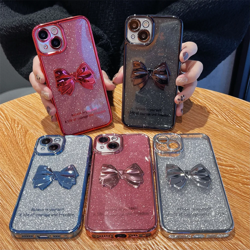 

3D Bow Phone Case for iPhone 13 Pro Max 12 11 Cute Soft TPU Glitter Back Cover Electroplated Clear Shockproof Protective Coque