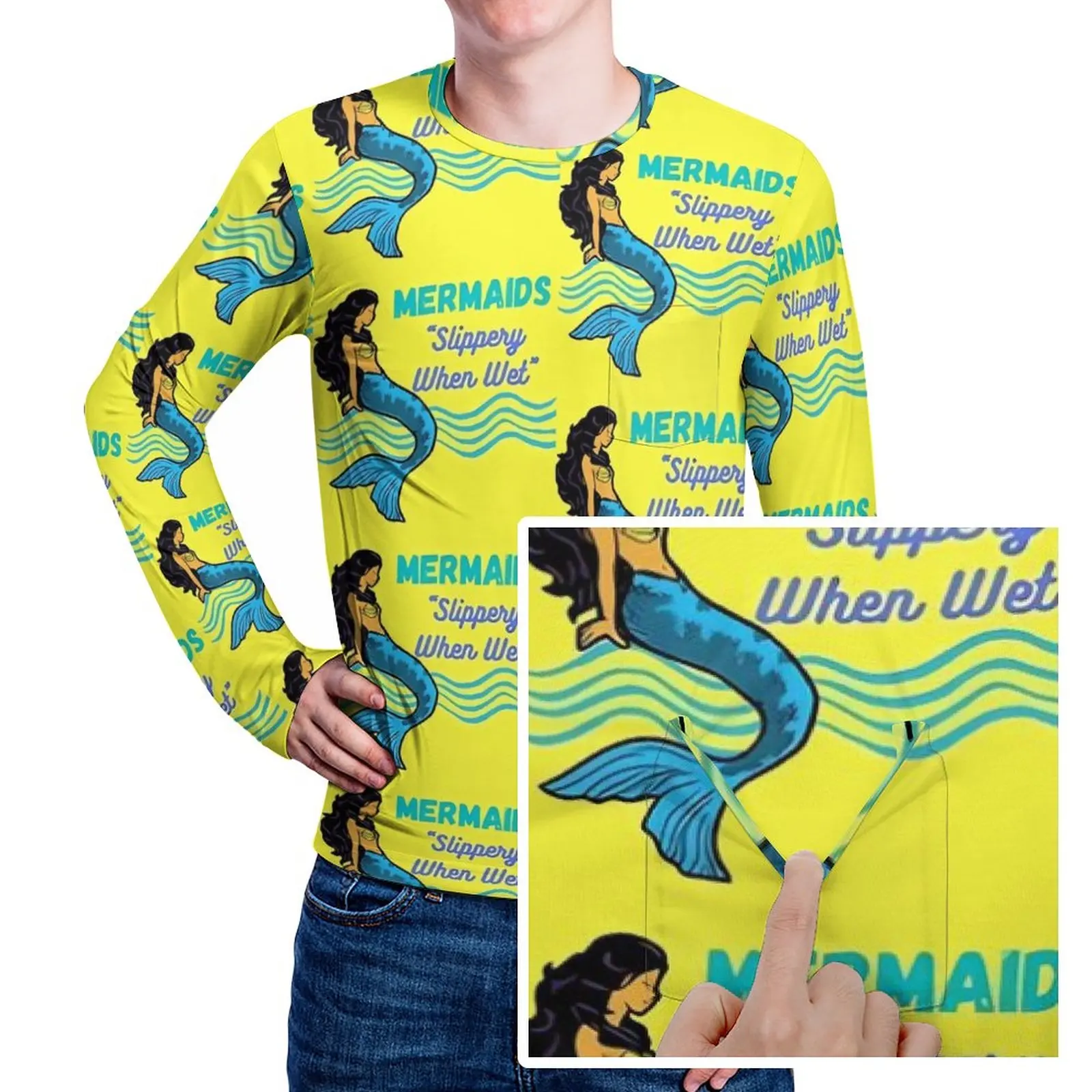 

Mermaids T Shirt With Pocket Slippery When Wet Cool T-Shirts Male EMO Tee Shirt Long Sleeve Graphic Clothes Plus Size 4XL 5XL