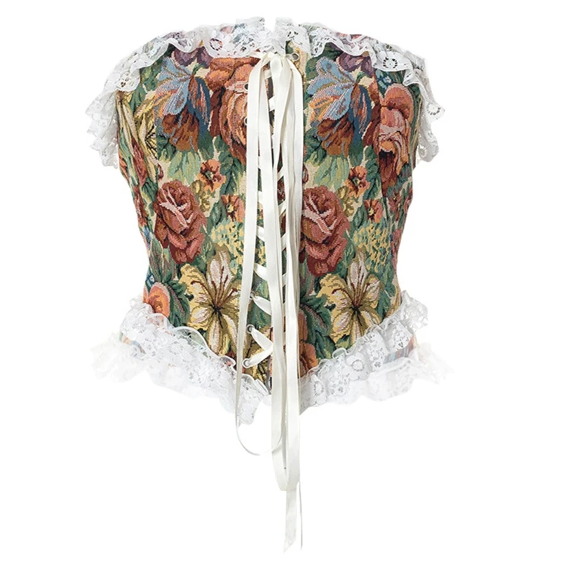 

Lace Up Crop Tops Vintage Floral Bodice Corset Top Vest Push Up Bustier Corset Top Tank Tops Lace Trim Drop Shipping