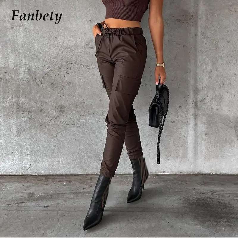 

Autumn Elastic Waist Drawstring Lace Up Trousers Fashion Street Lady Pockets Pencil Pants Women PU Leather Long Pants Sweatpants