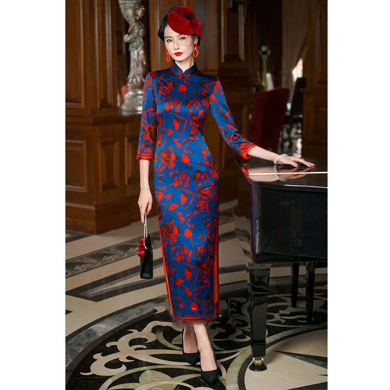 

Silk Autumn Wedding Party Qipao Evening Dresses Print Cheongsam Dress Middle Sleeve Cheongsams Qipao Chinese Oriental Dress