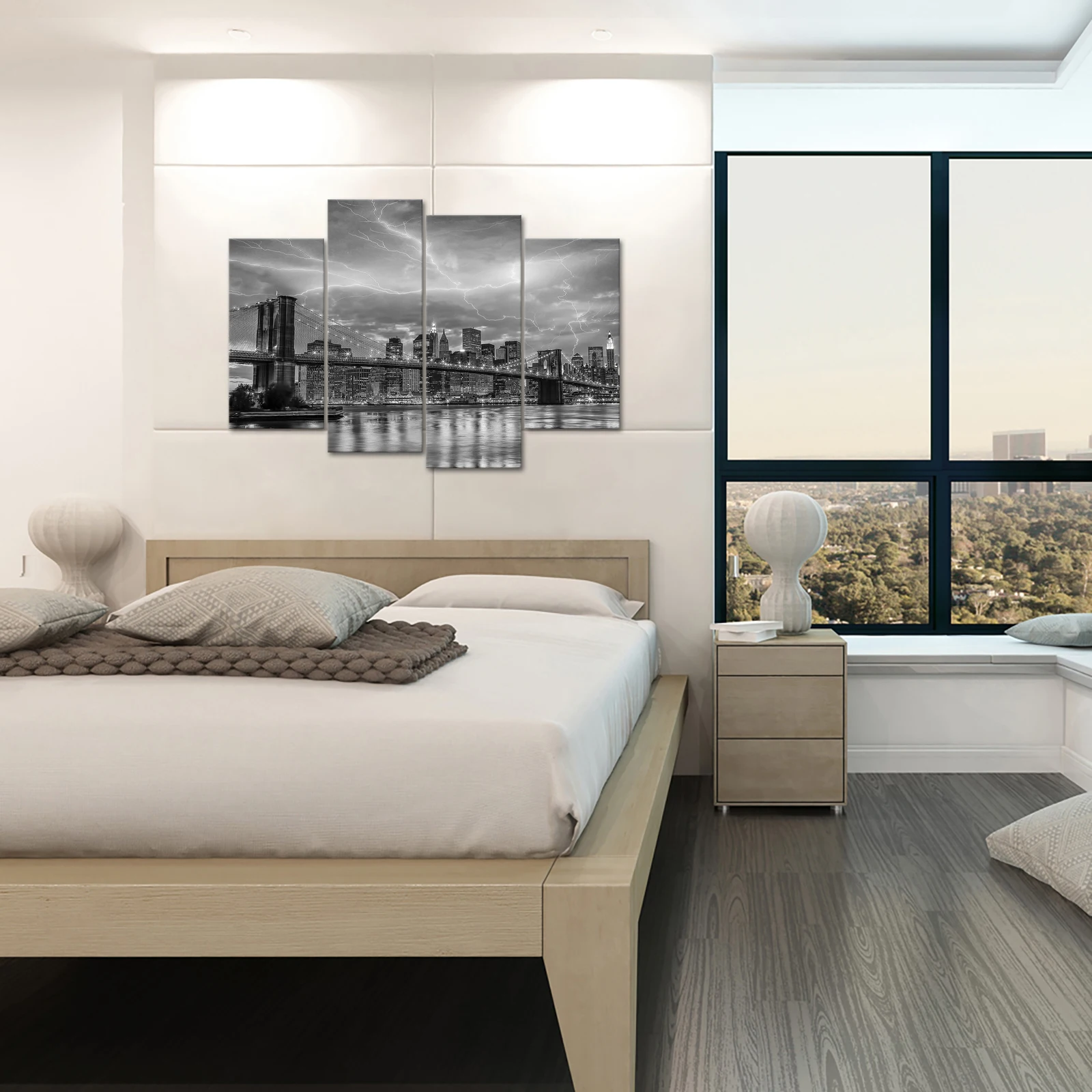 4 Pieces Thunder Over City Wall Art Posters Black and White Print Canvas Painting Modern Style Picture Living Room Home Decor