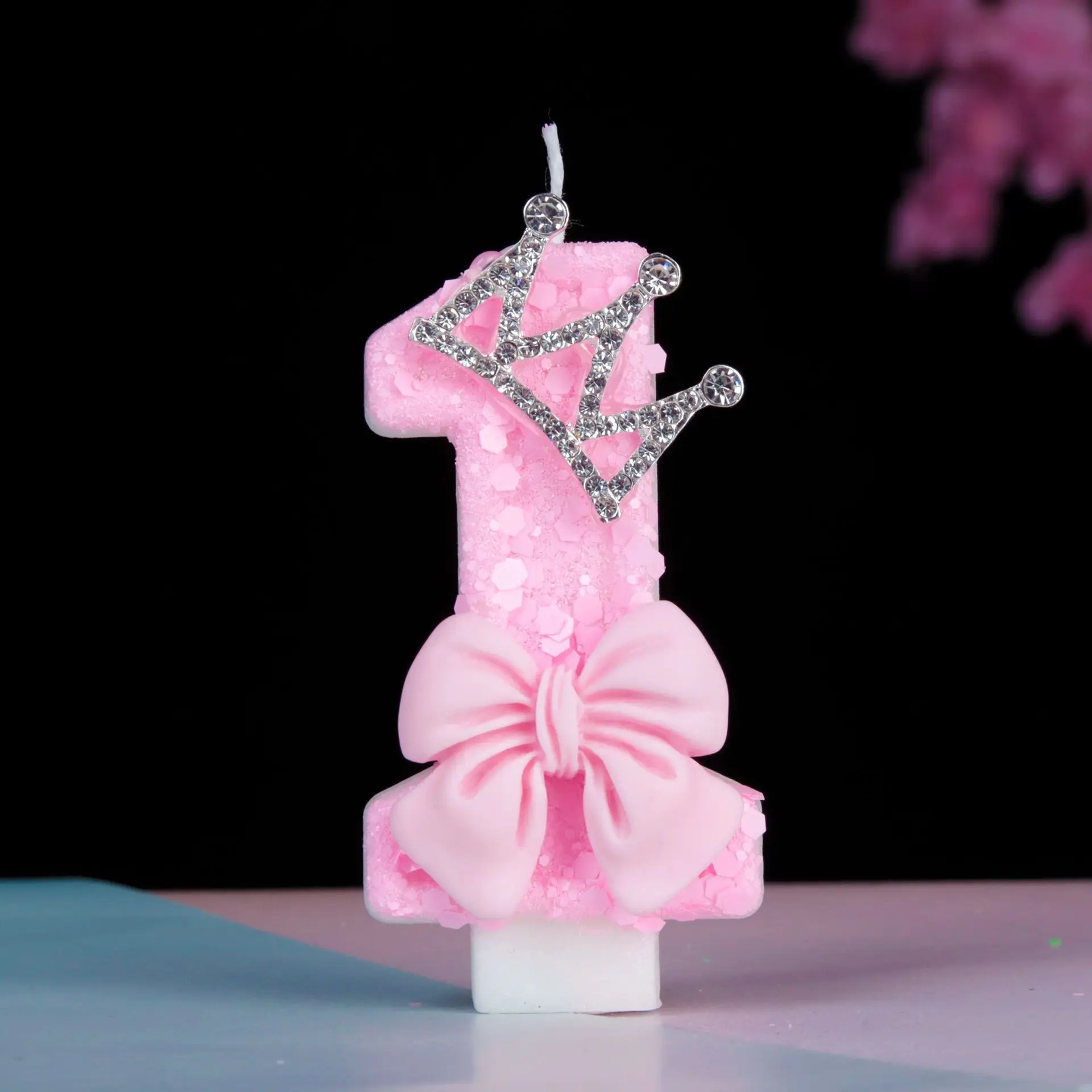 Детские свечи на день рождения с розовым бантом 0-9 цифр