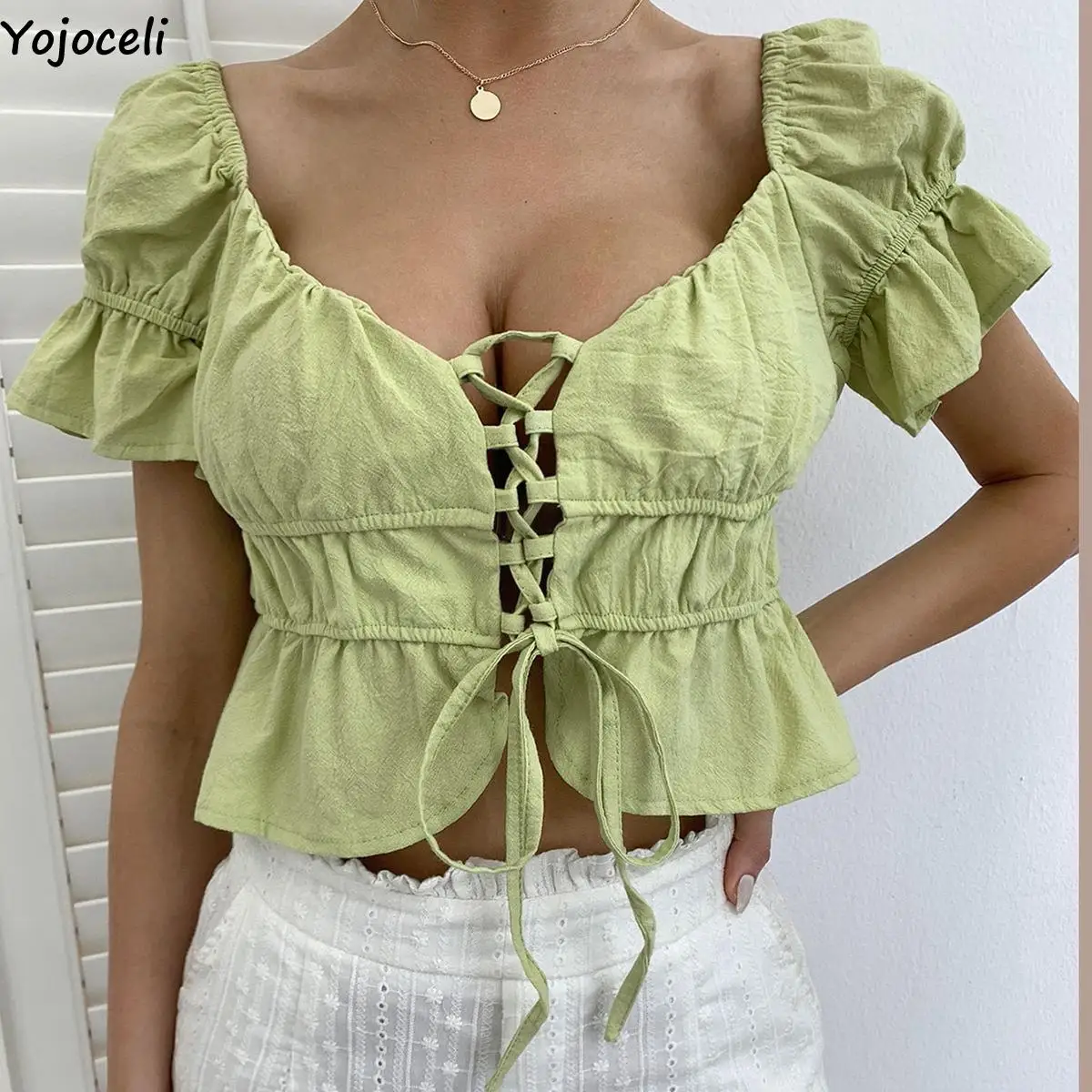 

Yojoceli Sexy women lace up short blouse Ruffle sweet female beach casual blouse Elegant vintage fashion tops blusas