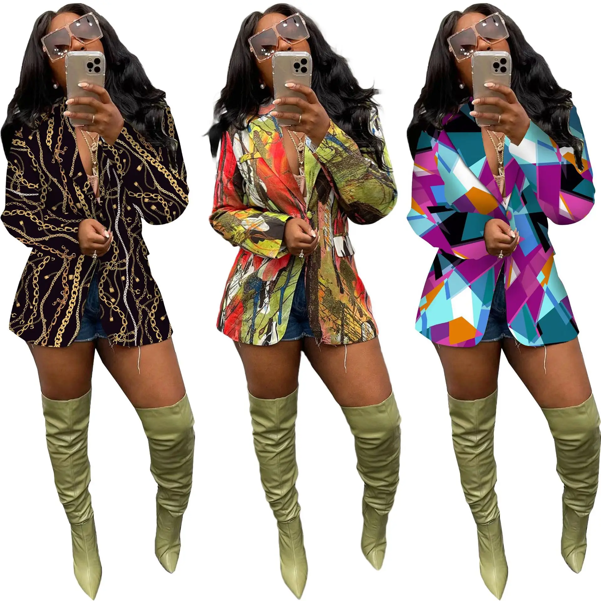 

QIWN European And American Autumn And Winter Fashion Long Sleeved Multi-Color Printed Casual Suit Top Jacket Style