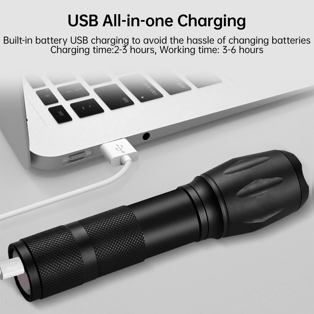 Мощсветильник светодиодный фонарик T6 с зарядкой через USB портативный из