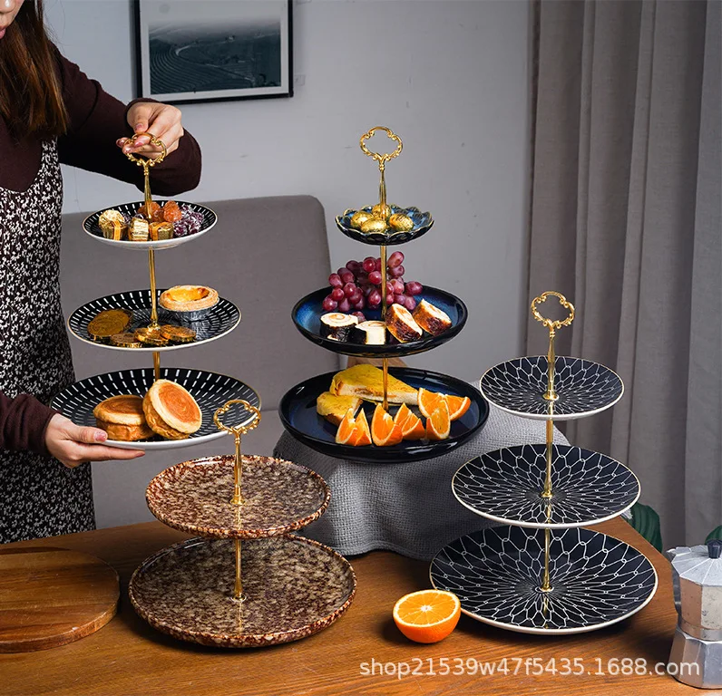 

Nordic ceramic fruit tray, multi-layer creative fruit tray, living room, light and luxurious dessert tray, double-layer round