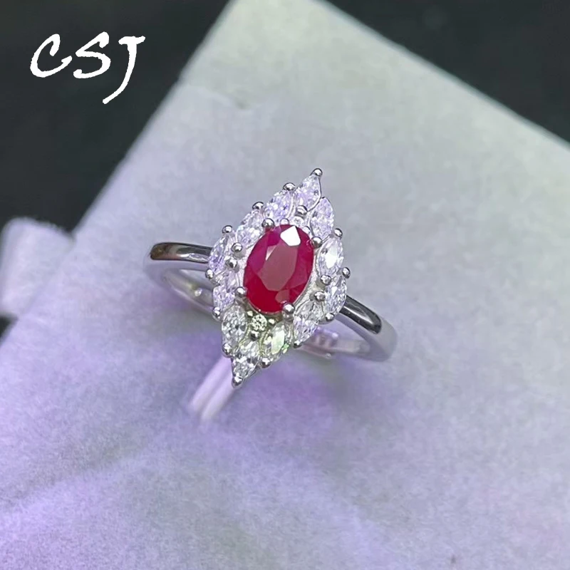 

CSJ 100% Natural Ruby Rings Sterling 925 Silver Gemstone Oval 4*6mm Women Lady Wedding Engagment Party Gift Box