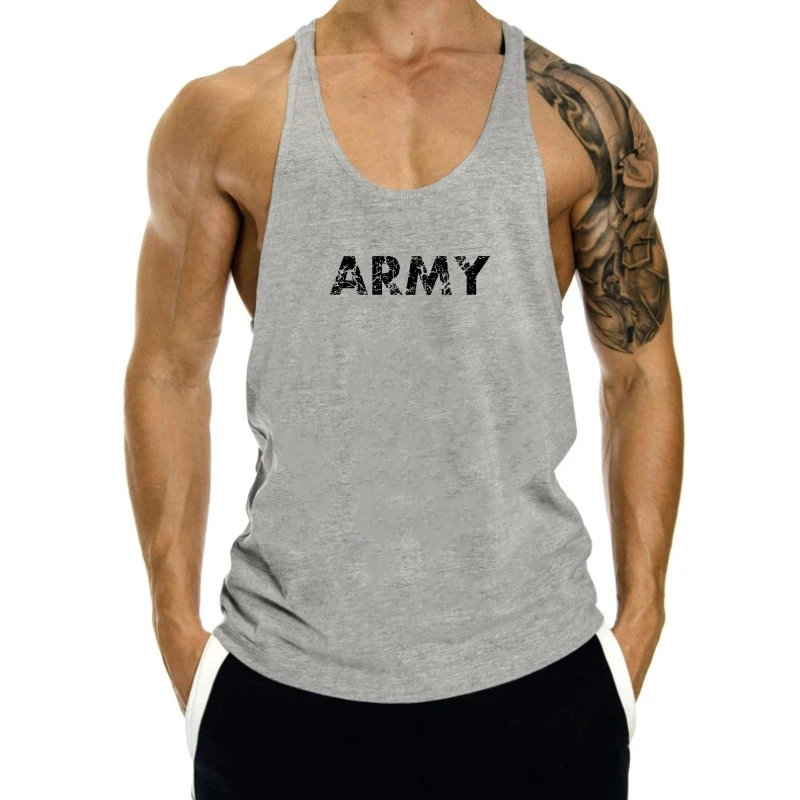 

2024 Army distressed fadded look military 100% cotton gray men's graphic new tank top men