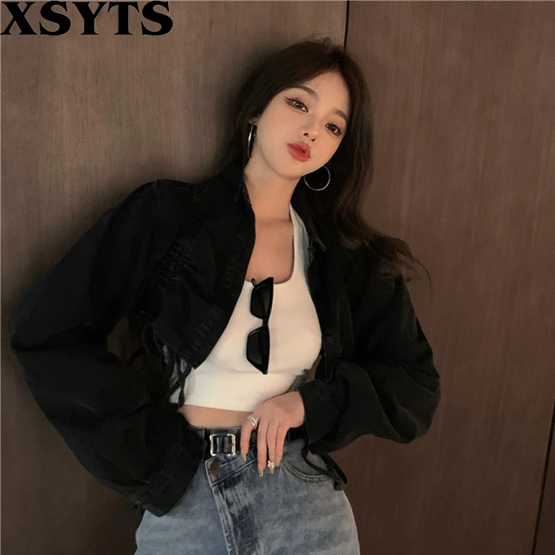 

Куртка женская джинсовая свободного покроя, короткая модная верхняя одежда в Корейском стиле, дизайнерский пиджак черного цвета, весна-осе...